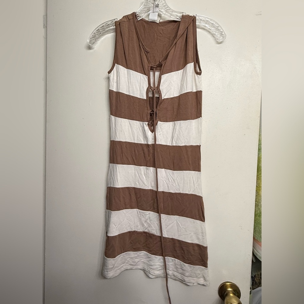Free People Jaime Pressly Lace-Up Dress Brown White Stripe XS